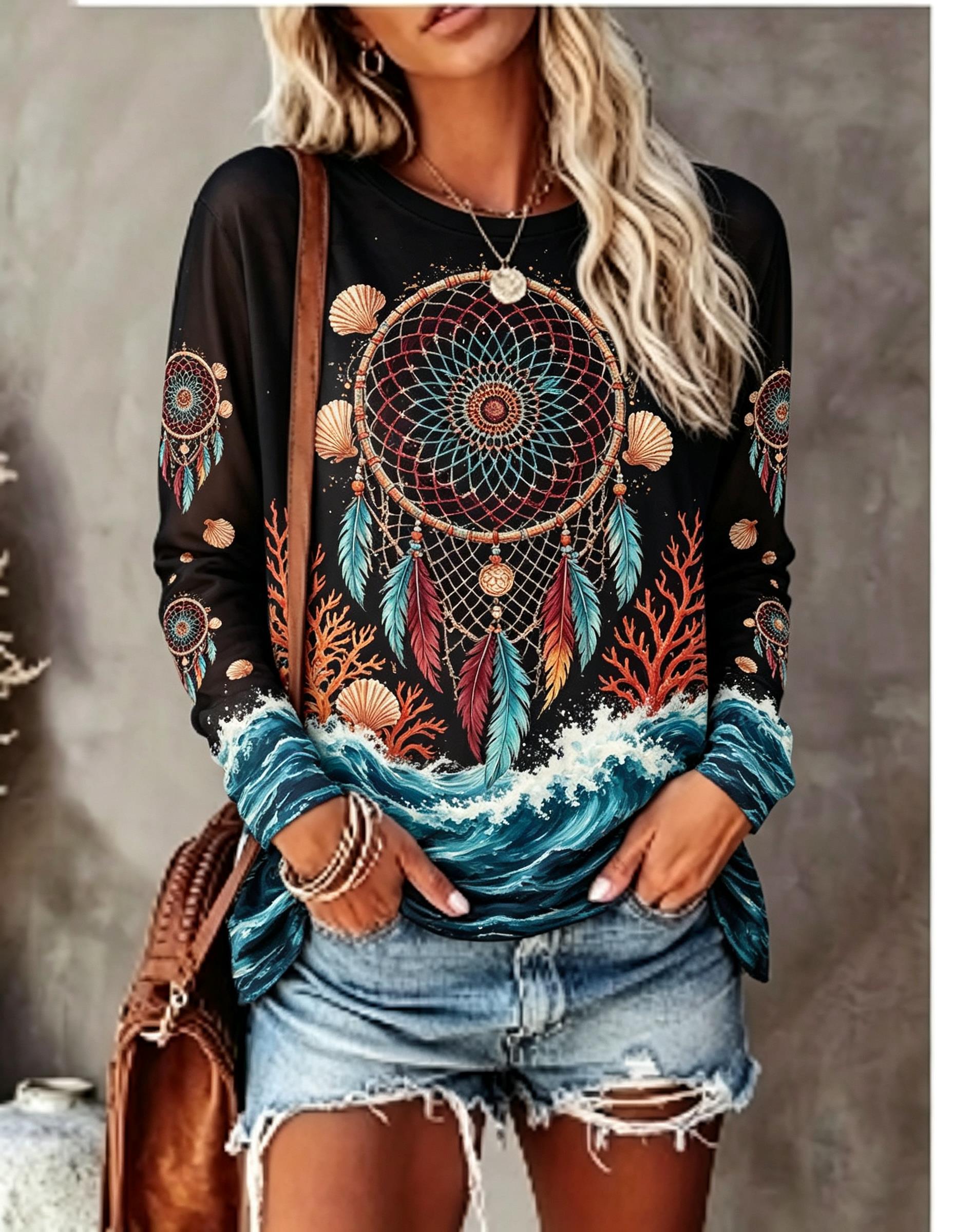 Blouses - Women's Crew Neck Long Sleeve T-shirt