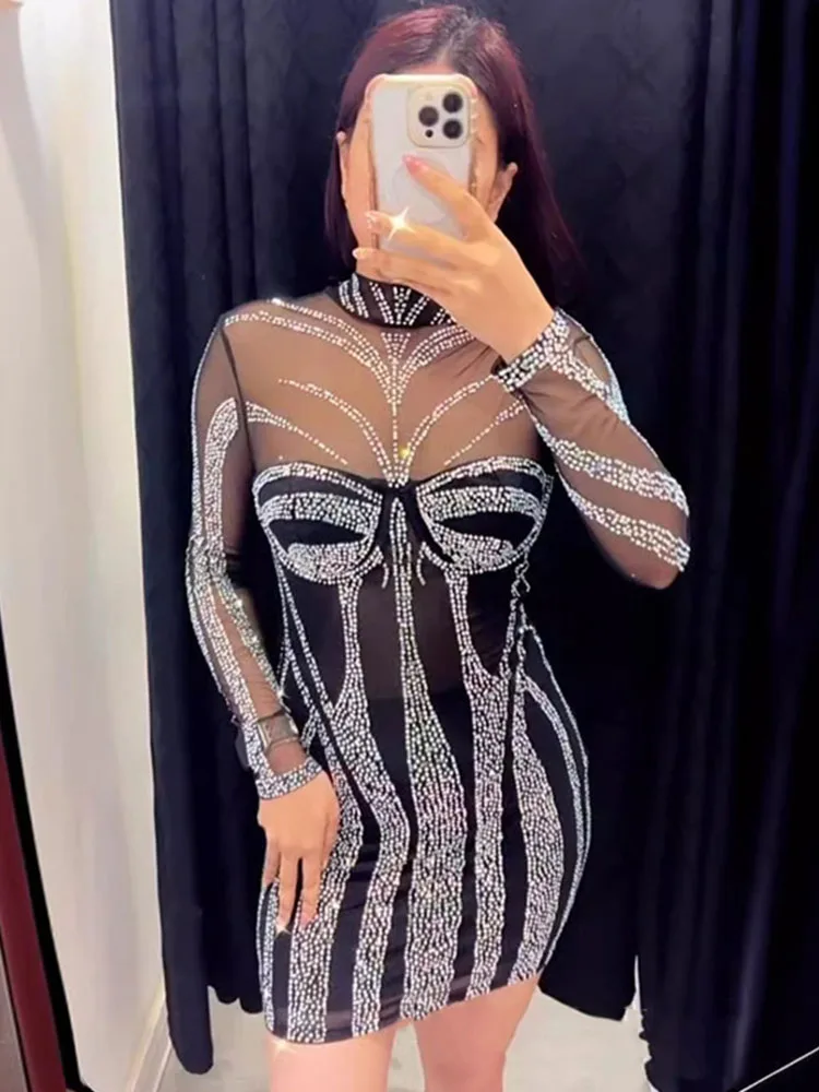 Sparkly Diamonds Rhinestone Bi - Sexy Mesh Sheer Bodycon Dress 评论和价格