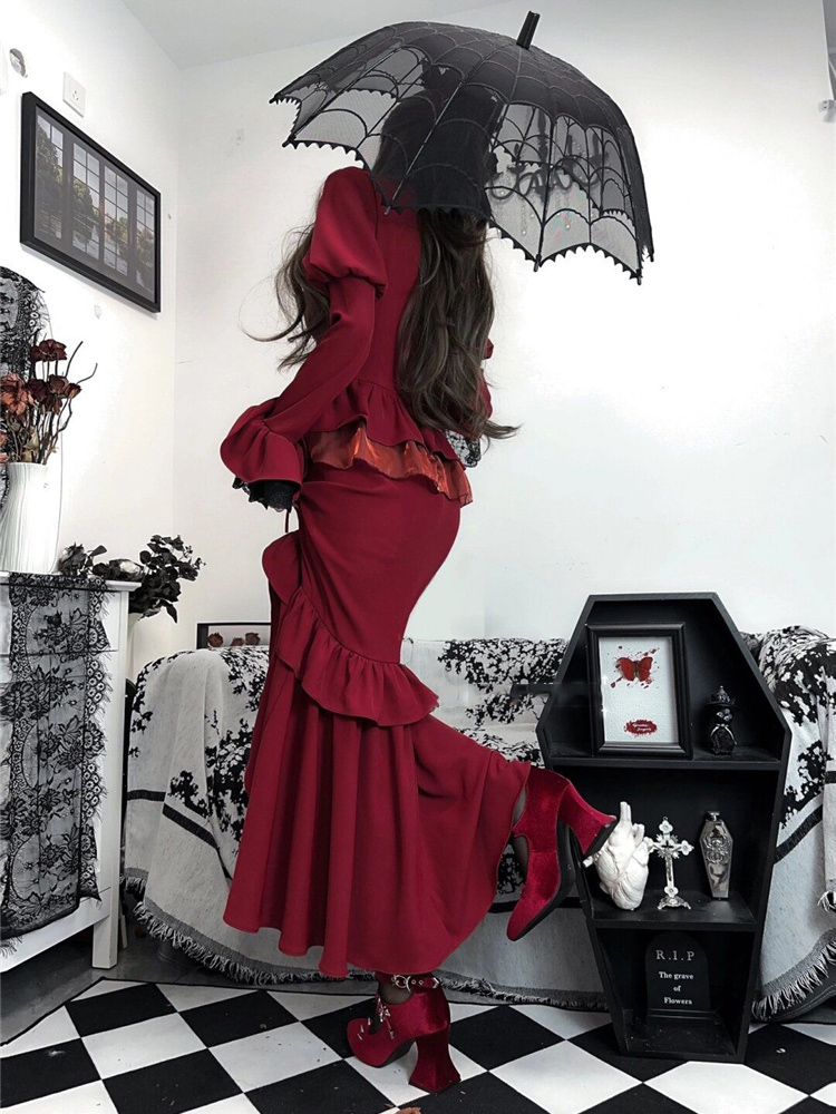 Spring Red Vintage Dress Women - French Vintage Floral Midi Dress 评论和价格