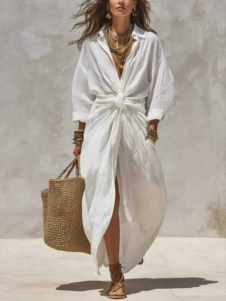 Women Boho White Linen‑Cotton  - Casual Loose Linen Shirt Dress 评论和价格
