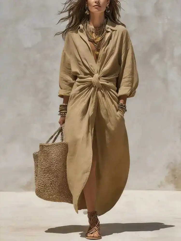 Women Boho White Linen‑Cotton  - Casual Loose Linen Shirt Dress 评论和价格